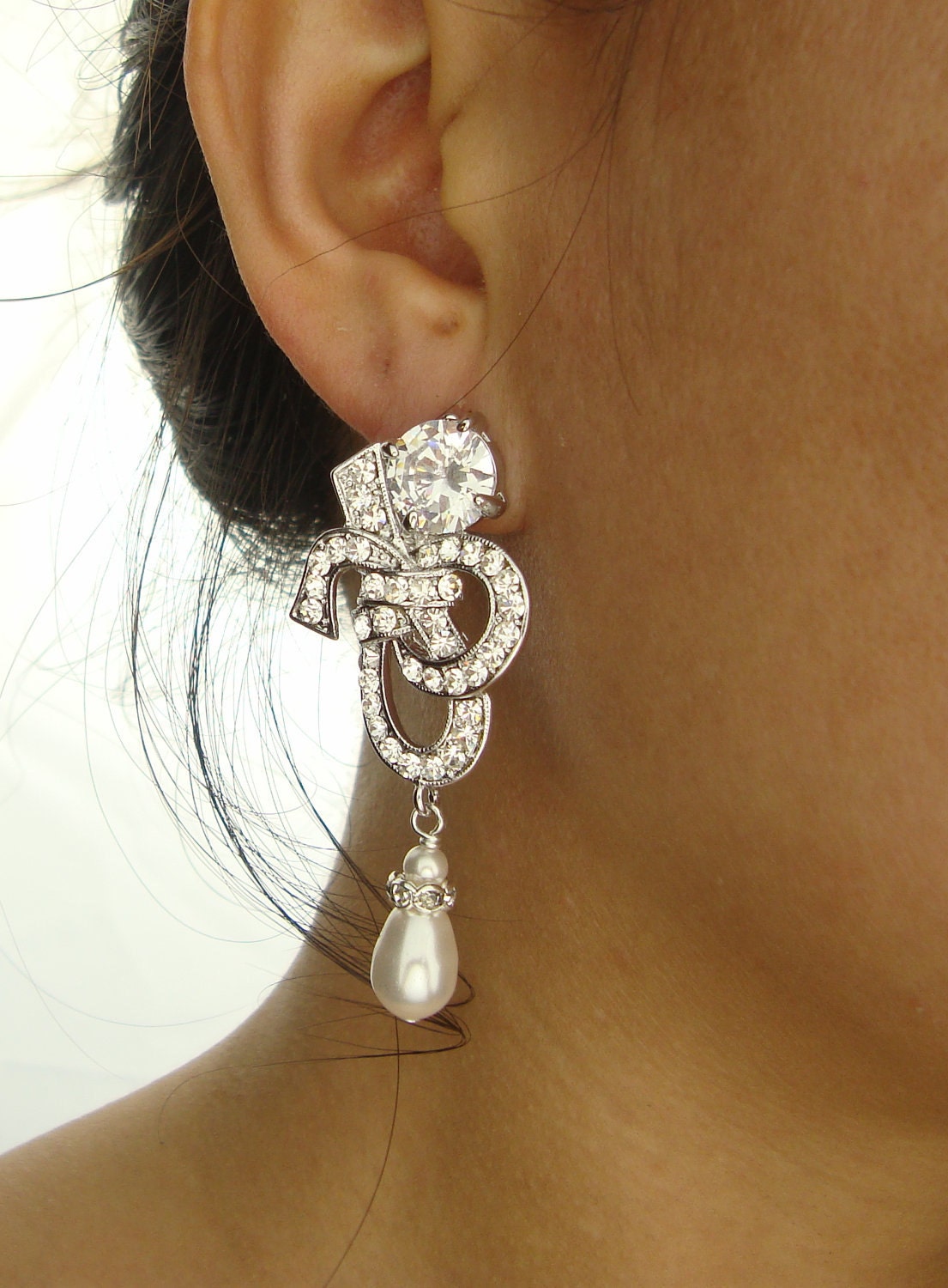 Crystal & Pearl Bridal Earrings, Vintage Inspired Bridal Wedding Earrings, Art Deco Style Wedding Jewelry, Rhinestone Earrings, IDA