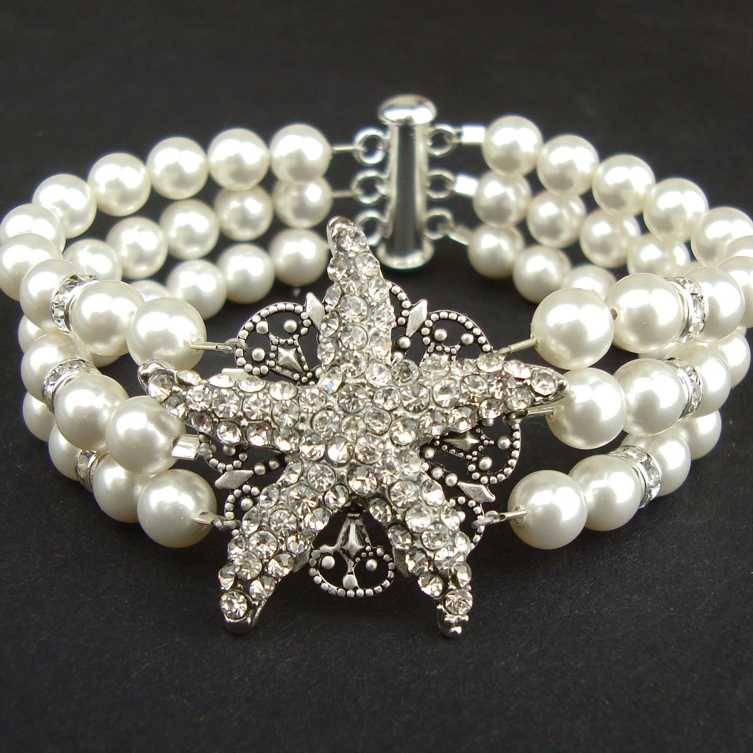 Bridal Starfish Bracelet, Pearl Wedding Bracelet, Beach Wedding Bridal Jewelry, Silver Starfish Bridal Bracelet, Vintage Style, SEA MAIDEN