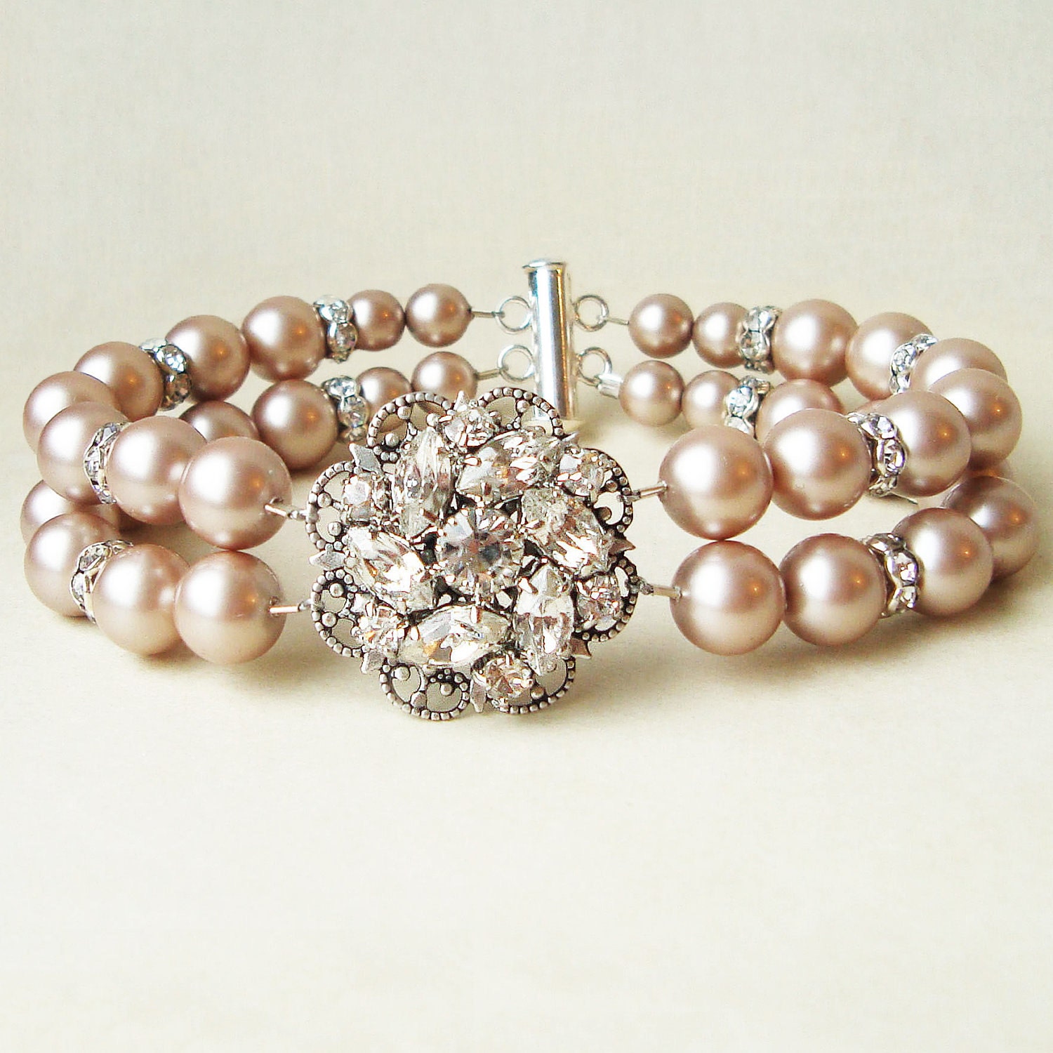 Champagne Pearl Bridal Wedding Bracelet, Vintage Style Champagne Pearl Bridal Bracelet Cuff, Silver Champagne Wedding Jewelry, CELINE