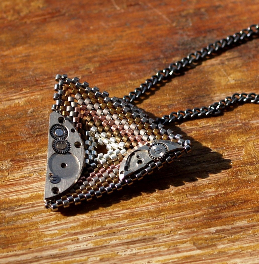 Steamy Triangle ... Necklace . Metallic . Peyote . Punk . Steampunk . Vintage Watch Parts . Oxidized Brass Chain . OOAK