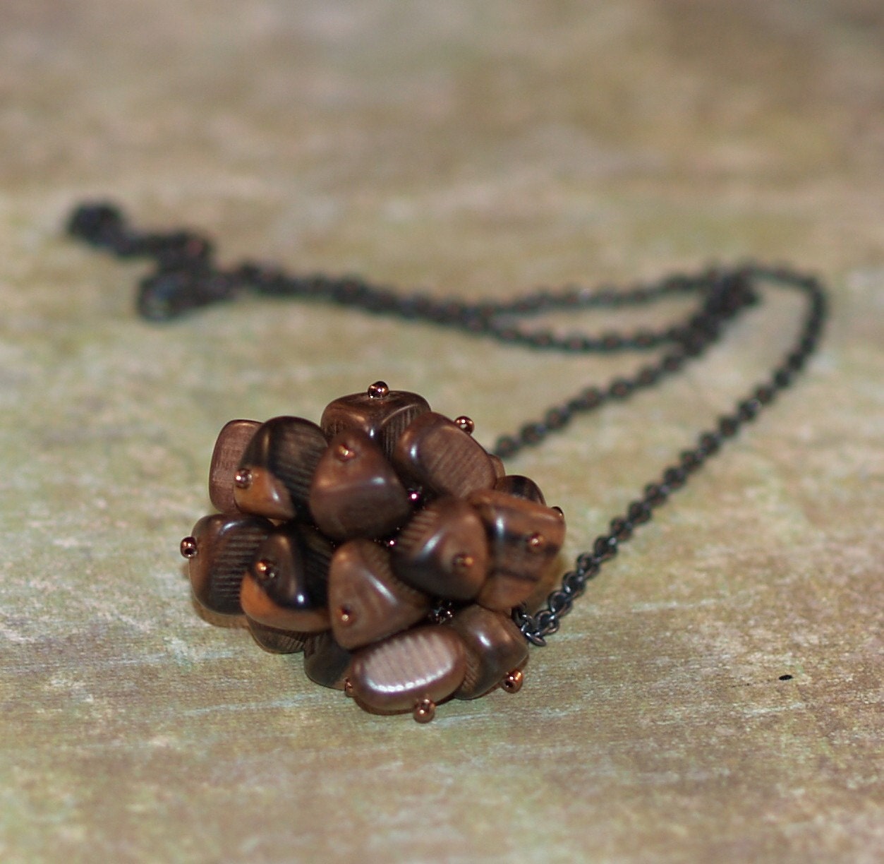 Tumblewood ... Necklace . Pendant . Beadwork . Fringe Bead . Chunky . Earthy . Oxidized Brass Chain . Triangles . Dark Bronze . Metallic