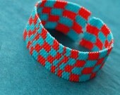 Southwestern Checks ... Peyote Bracelet . Beadwoven Cuff . Cherry Red . Turquoise Blue . Checkerboard . Geometric . Optical Illusion