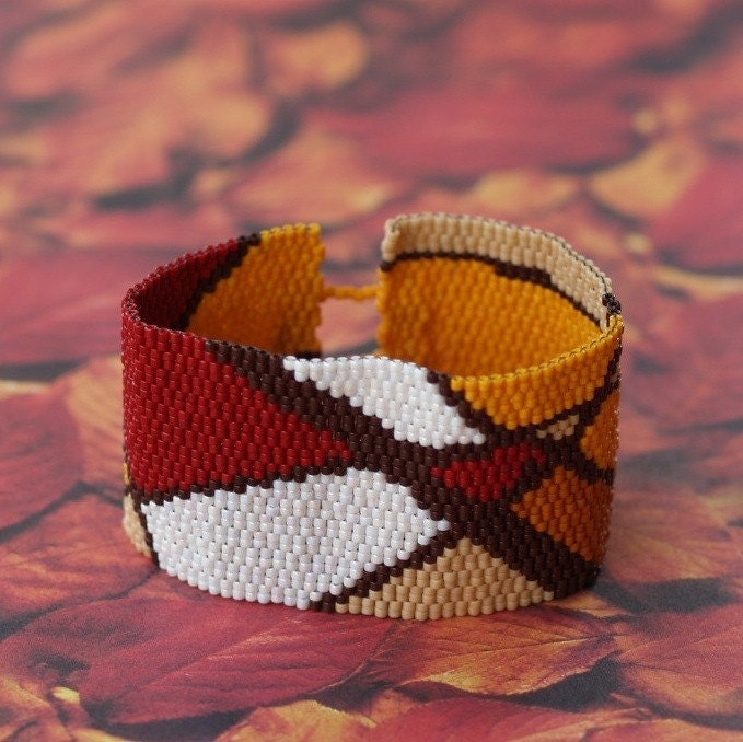Autumn Abstract ... Peyote Bracelet . Beadwoven Cuff . Fall Colors . Brick Red . Chocolate Brown . Pumpkin Orange . Rust . Cream . Tan