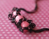 Bubblegum and Black Licorice ... Necklace . Beadwoven . Ruffled . Hot Pink . Frilly . Funky . Feminine . Flirty . Acrylic Beads . Girly