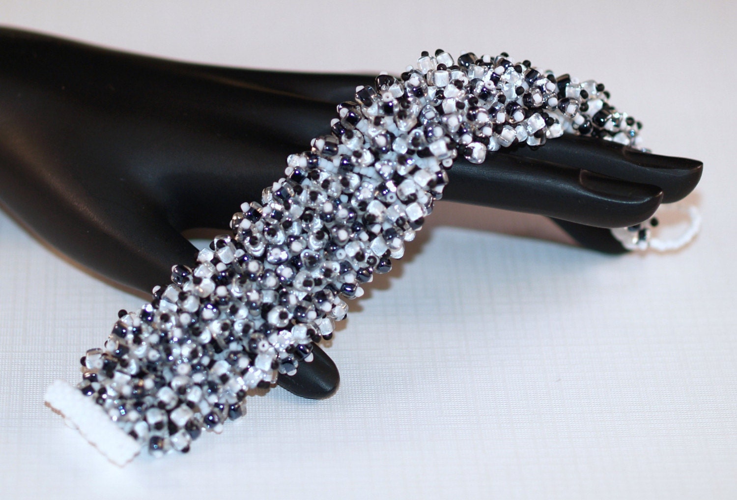 Bennie ... Caterpillar Bracelet . Handmade Jewelry . Black and White . Beadwoven . Fringed . Bold . Lush . Fashion Statement . Stunning