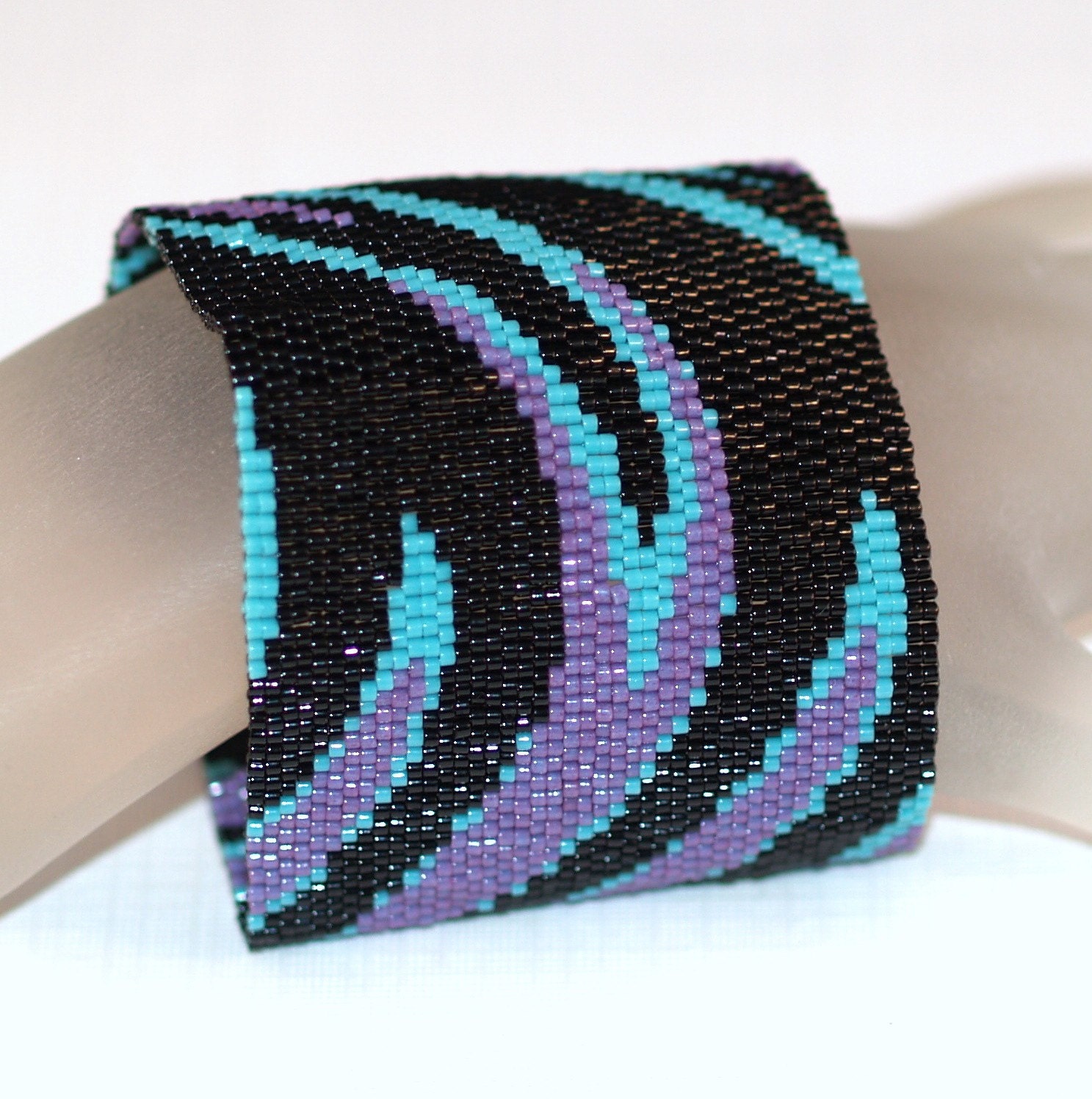 Swoosh ... Peyote Bracelet . Wide Cuff . Beadwoven . Abstract . Movement . Curves . Modern . Jet Black . Turquoise Blue . Plum Purple