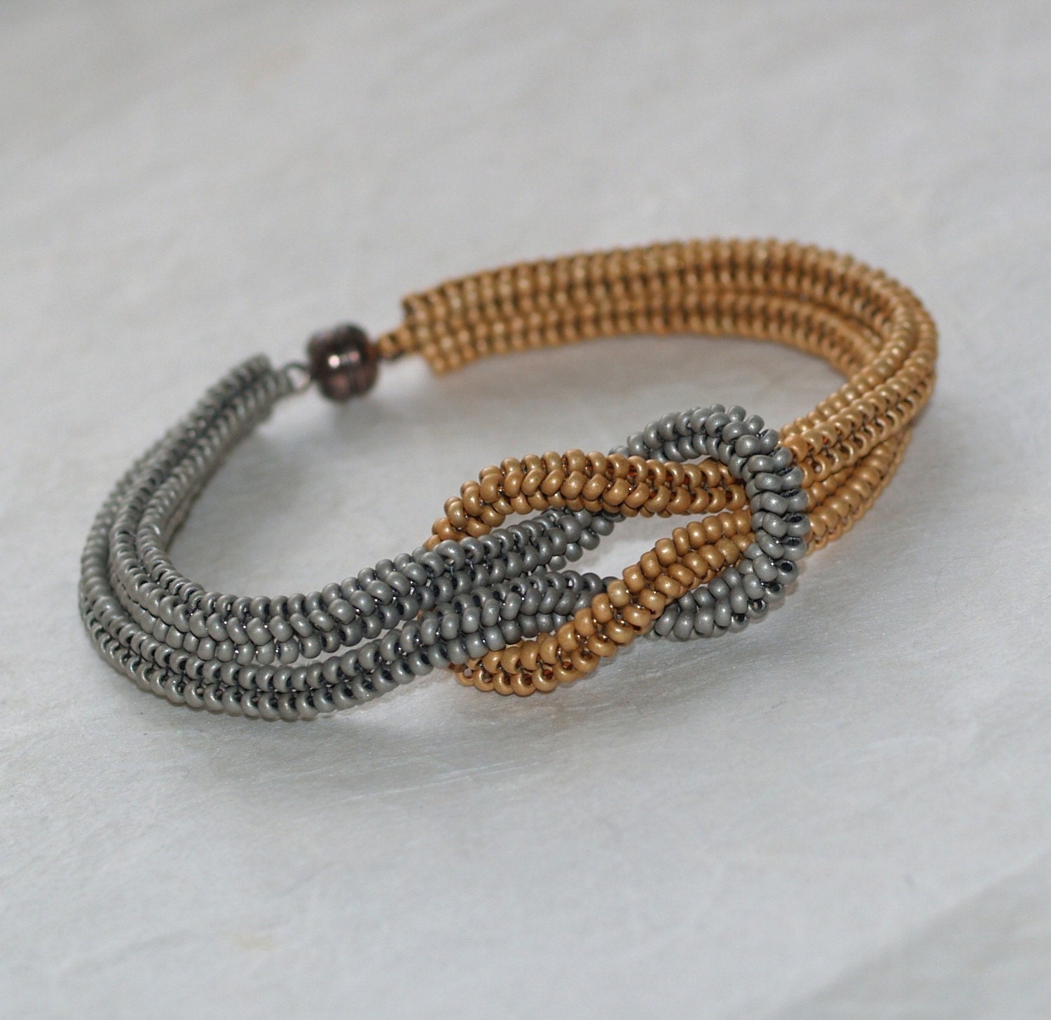 Precious ... Bracelet . Matte Silver . Satiny Gold . Knotted . Beadwoven . Magnetic Closure . Chic . Knot Ready for Prime Time