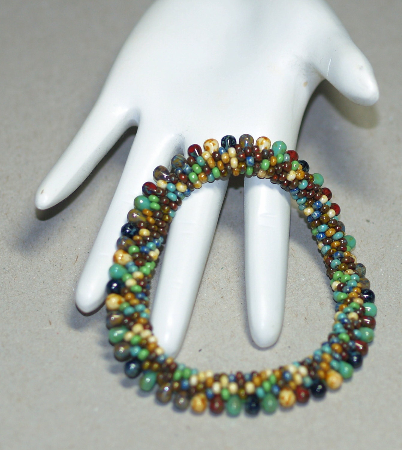 Picasso Fringe ... Bracelet . Bead Crochet . Bangle . Multicolor . Earthy Colors . Drop Beads . Mottled . Turquoise . Rust . Caramel . Apple