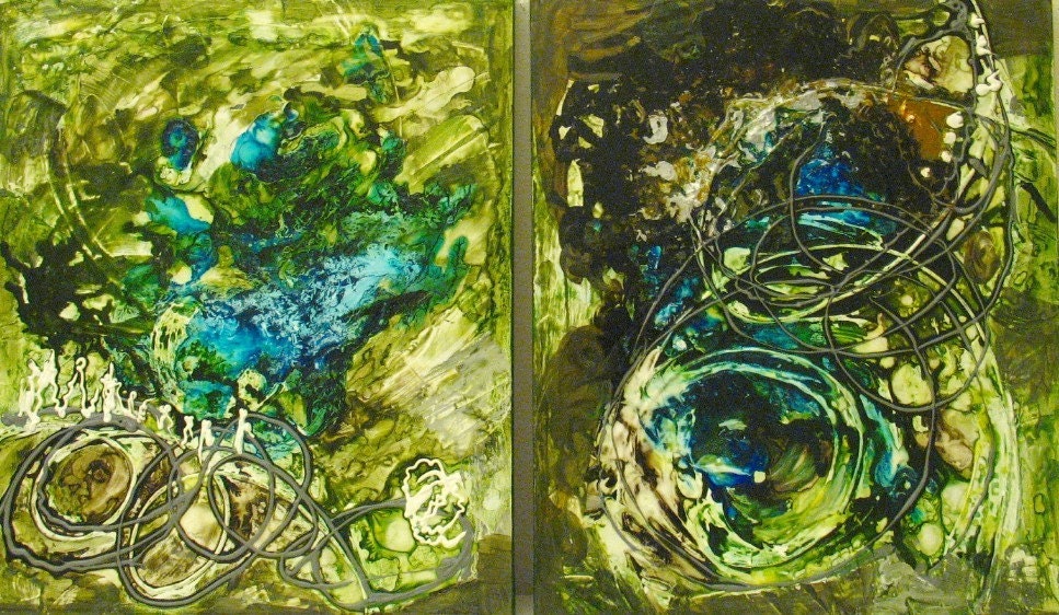 Original Paintings Abstract Mixed Media Diptych Art by Aisyah Ang Large 24 x 40 inches with Cert