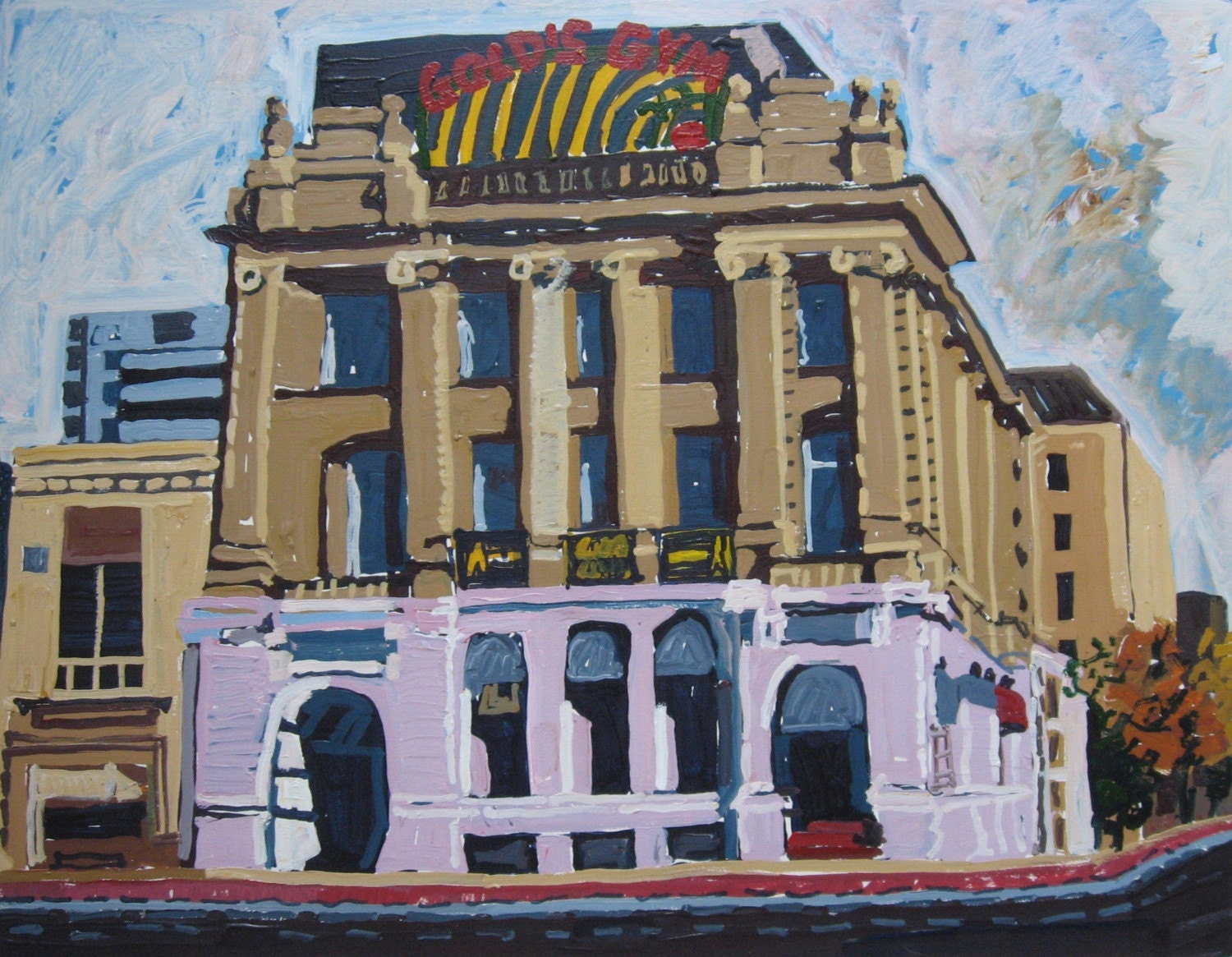 Gold's Gym, Larger Urban Landscape Painting on Paper, Toronto
