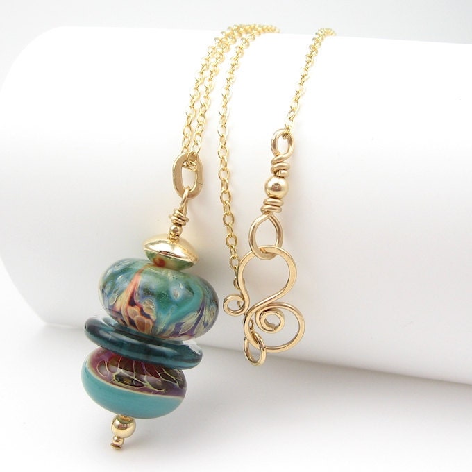Teal and Raspberry Boro Lampwork Art Glass Necklace, Stacked Pendant, 14k Gold Fill Chain