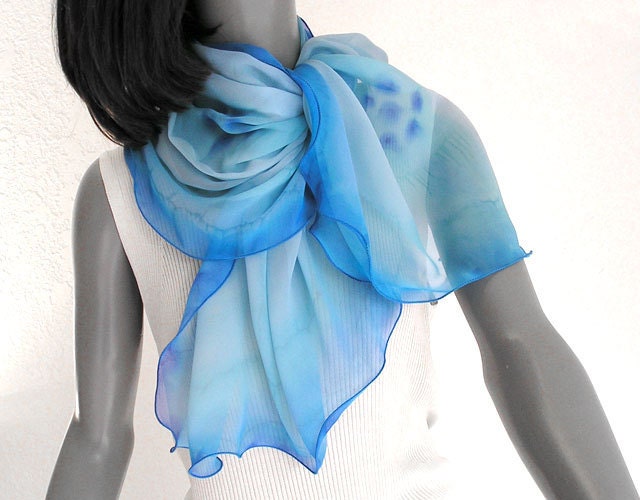 Dusk Blue Silk Scarf Light Cerulean, Unique Hand Painted Silk Chiffon, JOSSIANI.