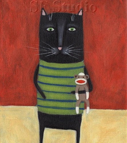 Black Cat Art - Cat with Sock Monkey - Black Cat Print - I Love My Sock Monkey