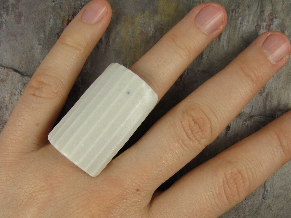 Rectangular Striped Ring in White