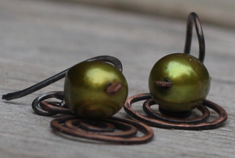 Green Pearls And Spiral Copper Earrings