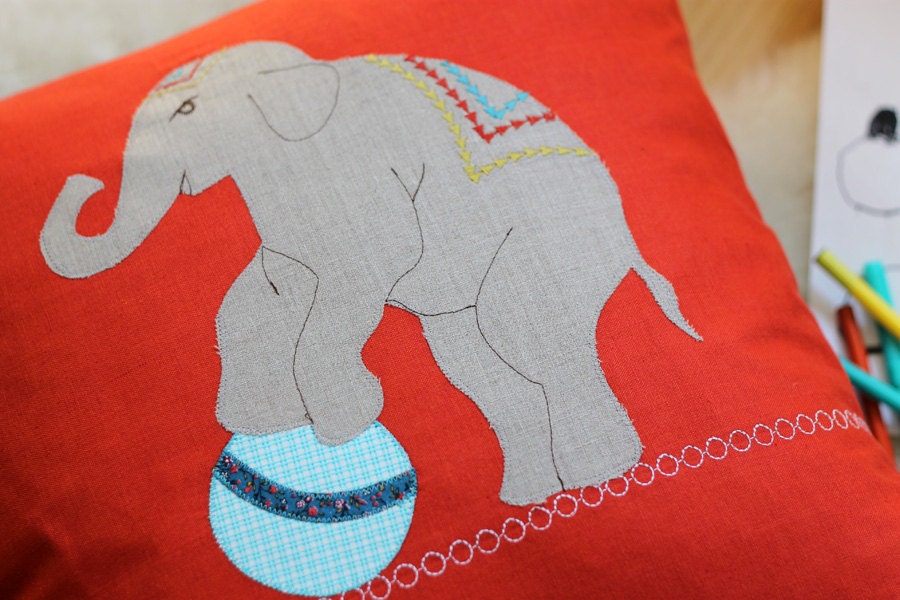 Large Circus Elephant Pillow, Applique