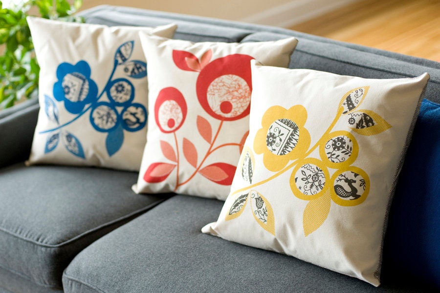 Hand Printed Cotton Canvas Pillows, Lollipop Flowers, Cobalt and Navy