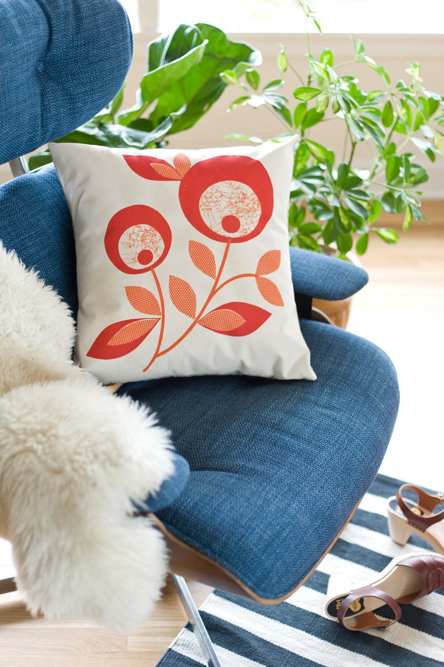 Hand Printed Cotton Canvas Pillows, Lollipop Flowers, Tangerine and Red