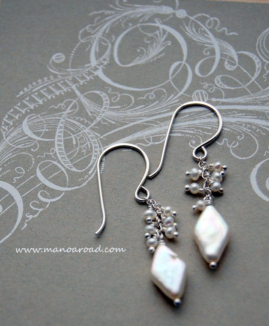 Divine Earrings - Diamond-shaped Freshwater Pearls, Sterling Silver