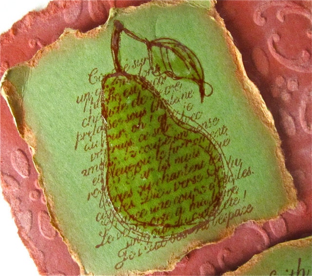 Thinking of you blank note card pear stamped shabby chic terra cotta and olive with glazed pear handmade stationery greeting card home