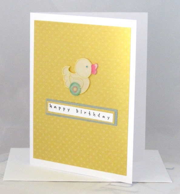 Birthday card duck stamped blank yellow handmade embellished