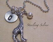 Personalized Necklace - Giraffe Charm Necklace - Stamped Initial - Hand Stamped Necklace - Sterling Silver - Personalized Jewelry