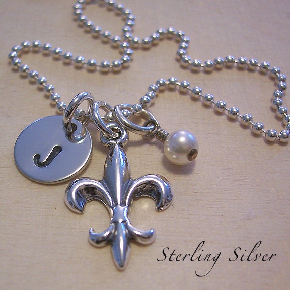 Fleur de Lis Necklace - Sterling Silver - Personalized Necklace - Hand Stamped Initial - Birthstone - Personalized Jewelry