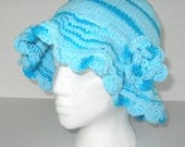 Turquoise Striped Cotton Knit Sun Hat with Flower