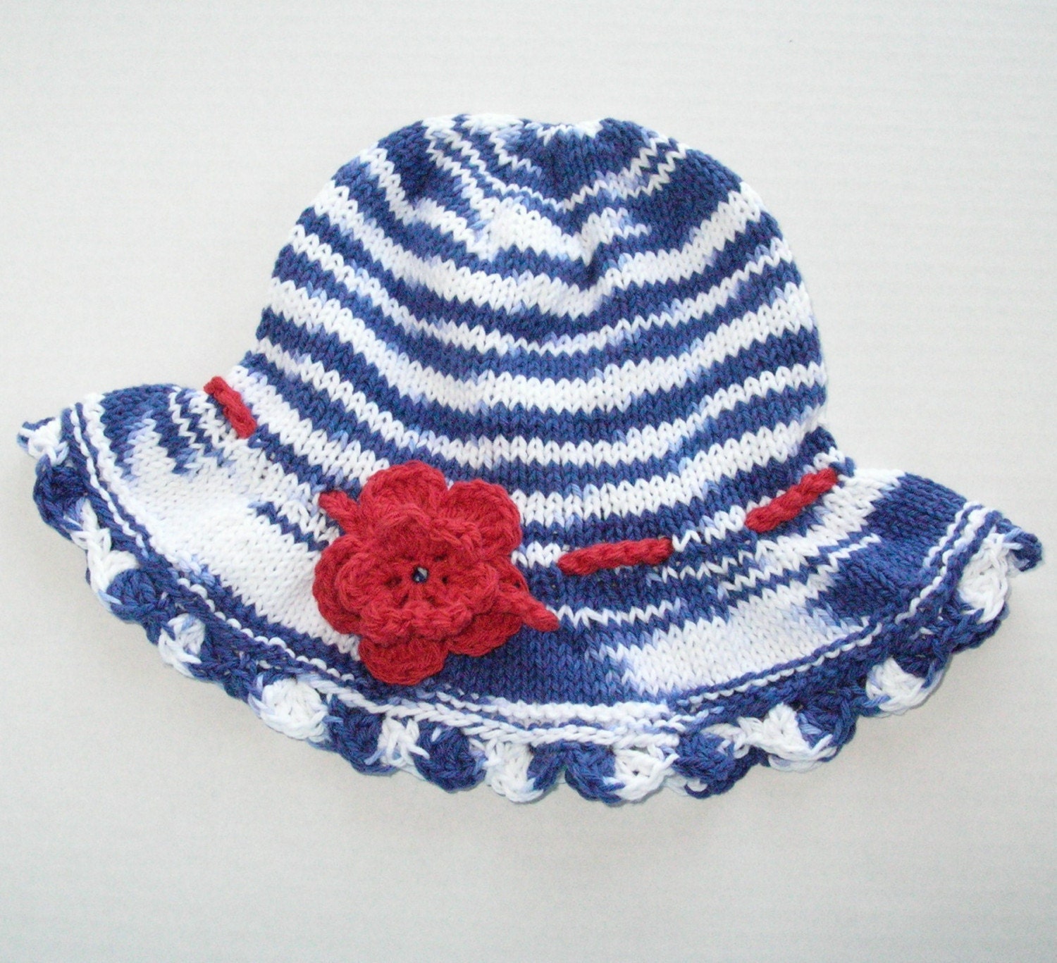Blue and White Cotton Hat with Red Flower