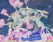ORIGINAL PRINT pink green blue purple lilac Indigo abstract monoprint Cyclamen flower water media garden floral OOAK