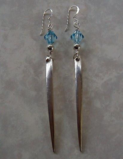 Silver Fork Tine Earrings Recycled Silverware Jewelry Swarovski Crystals Sterling Beads
