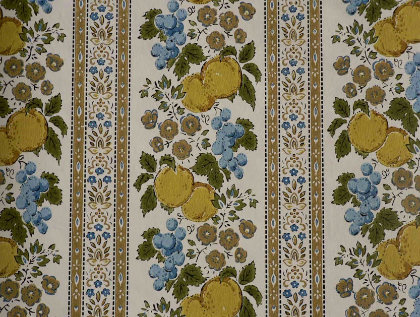 1970s Wall Paper Floral With Fruit Stripe