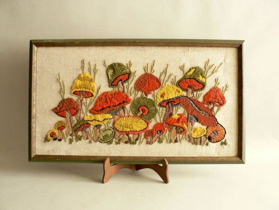 Botanical Mushrooms Crewel Picture, Framed Wall Picture of Mushrooms
