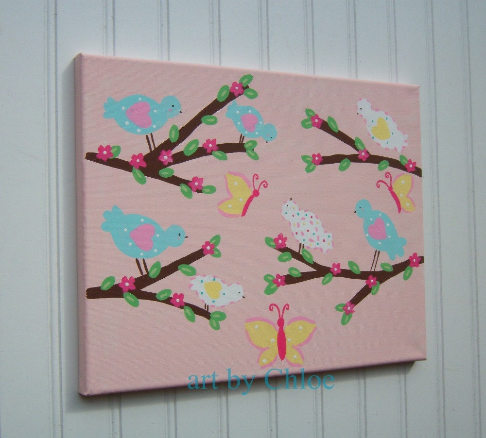 Penelope Cherry Blossom Aqua Bird Nursery Painting - Ready to Ship - 11 x 14
