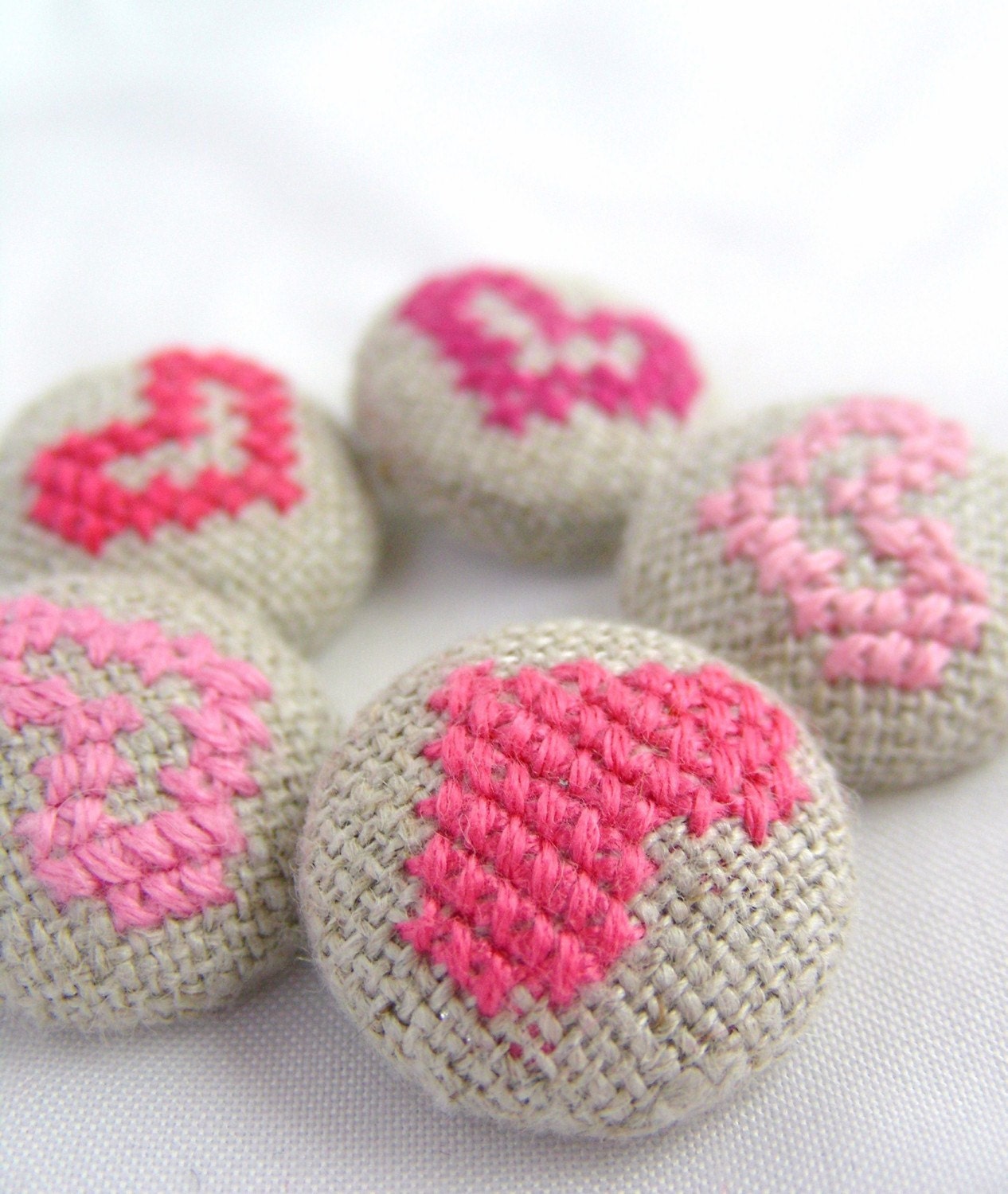 Pink Hearts - Hand Embroidered Buttons