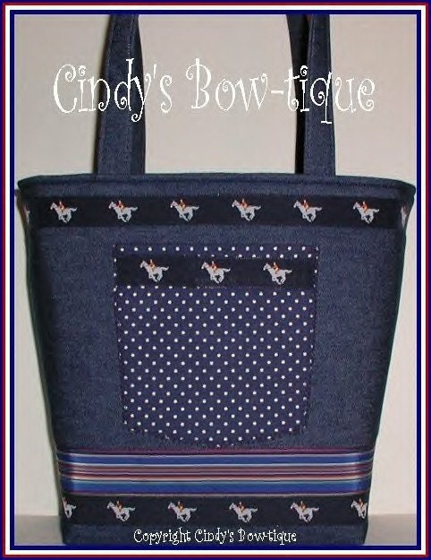 Jockey Horse Tote Purse Equestrian Navy Blue Denim Made in USA Handmade