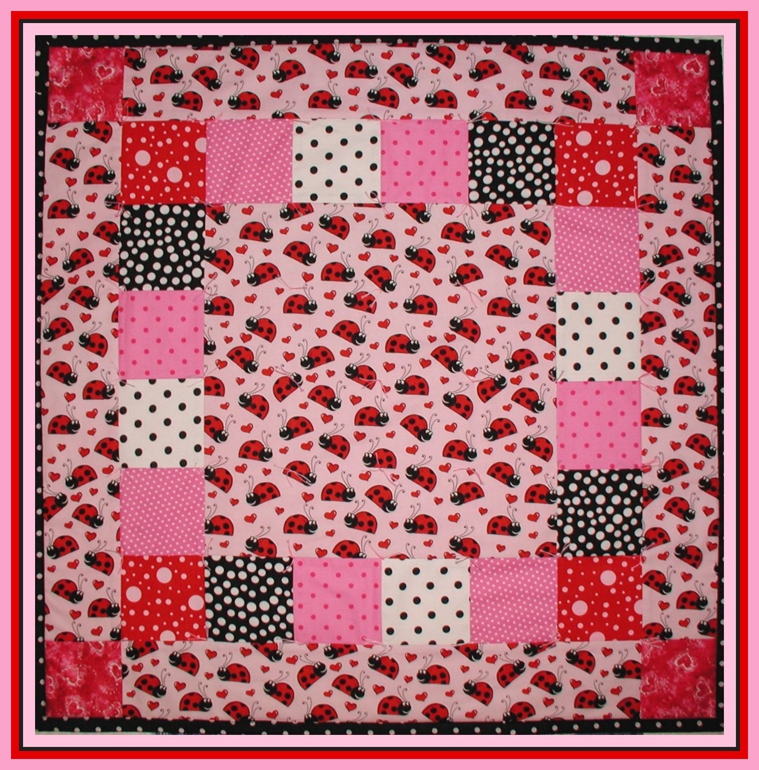 Ladybug Quilt Baby Pink Red Black Polka Dot Lady Bugs Hearts Dots
