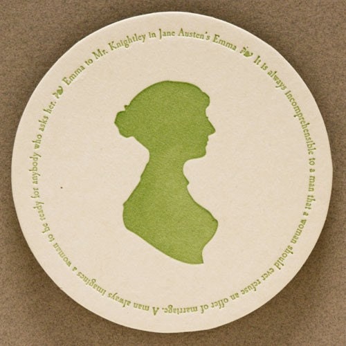 Jane Austen coasters with 4 quotes (letterpress printed), set of 8, Ready to Ship