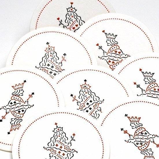 Card Party Coasters, King and Queen of Hearts, Letterpress printed, set of 8, Ready to Ship