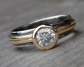 Moissanite Engagement Ring with Recycled 14k Yellow Gold and Recycled Sterling Silver, Oxidized, Made to Order - Diamond Alternative