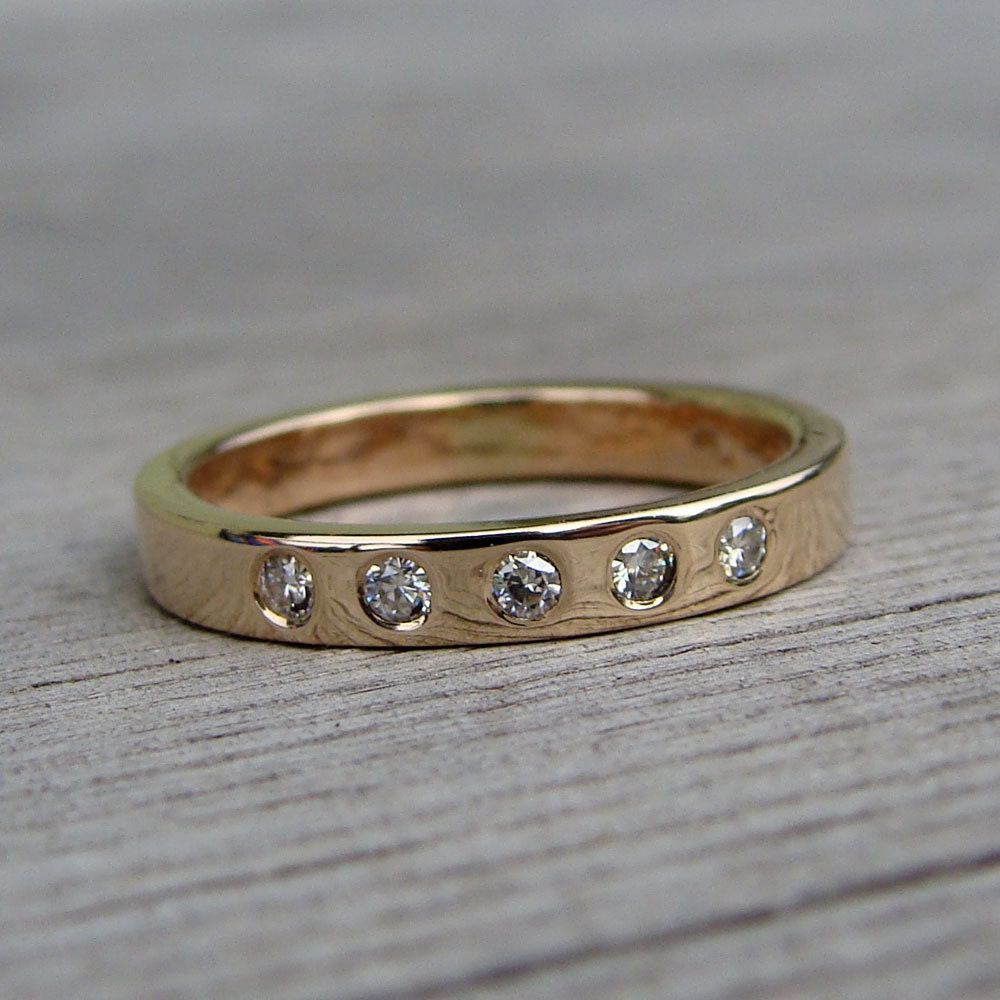 Wedding Band / Sparkly Stacking Ring - Moissanite and Recycled 14k Yellow Gold, Made to Order