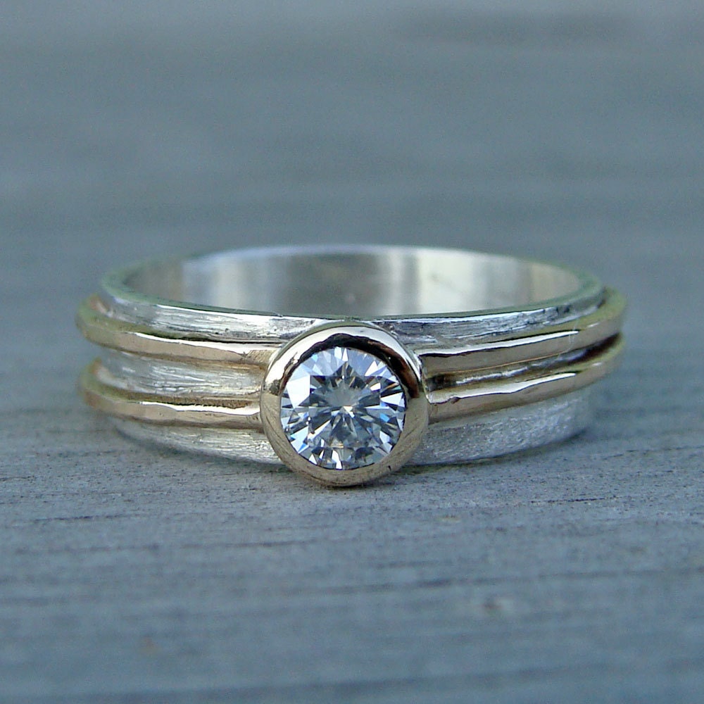 Moissanite Engagement or Wedding Ring with Recycled 14k Yellow Gold and Recycled Sterling Silver, Made to Order