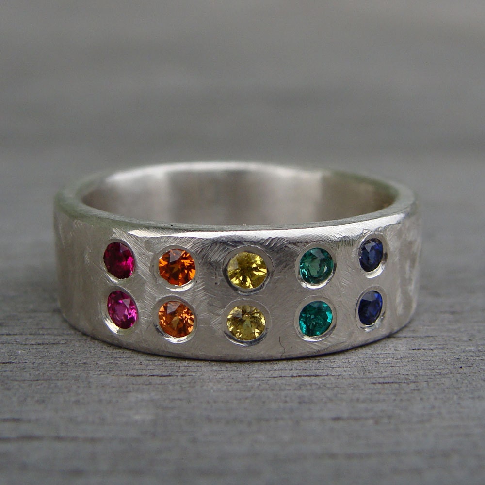 Rainbow Ring - Ruby, Sapphire (Orange, Yellow, and Blue), Emerald, and Recycled Palladium Sterling Silver, Made to Order