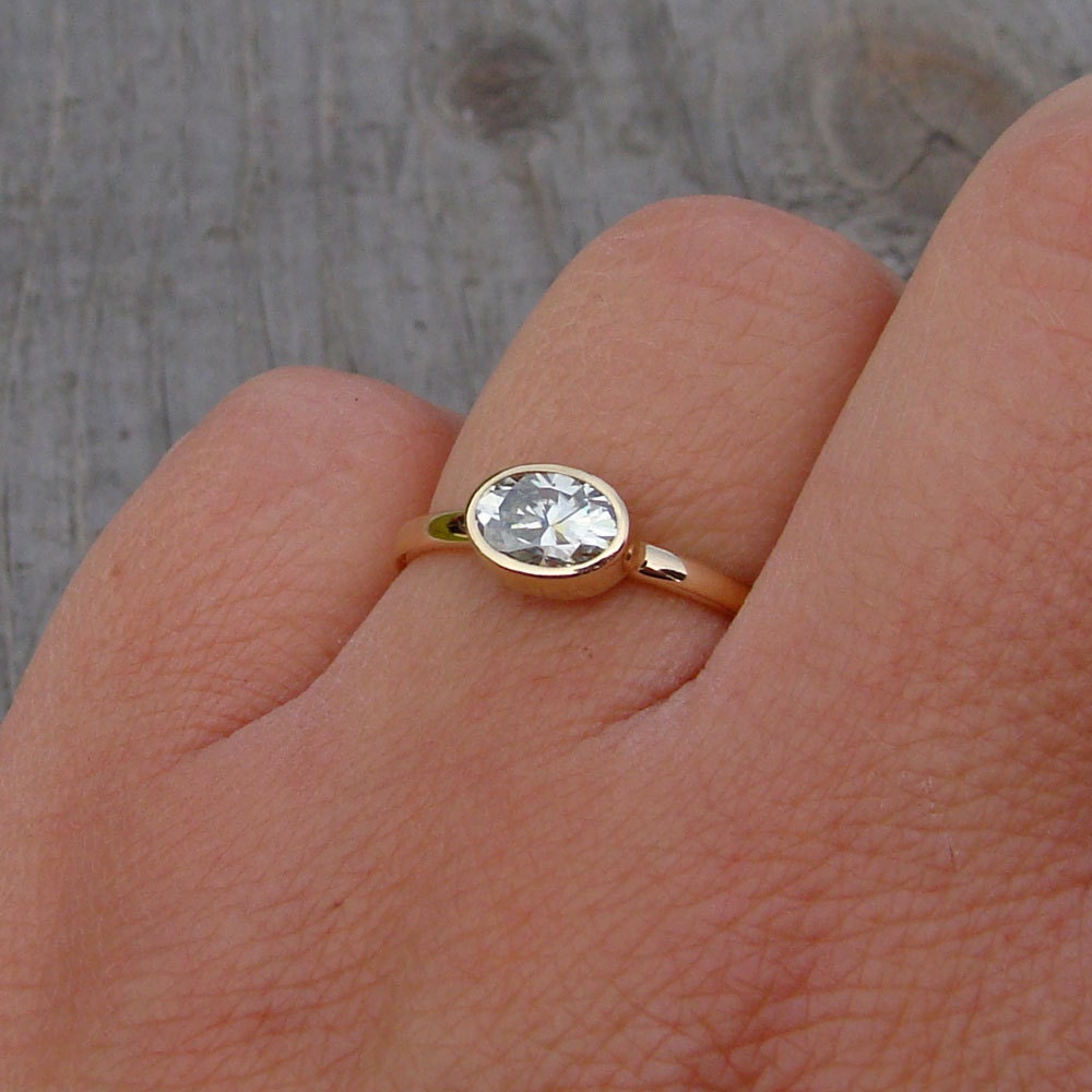 Delicate Oval Moissanite and Recycled 14k Yellow Gold Solitaire Engagement Ring, Made to Order
