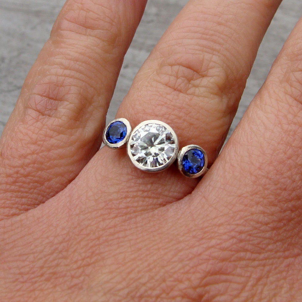 Moissanite, Chatham Blue Sapphire, and Recycled 14k White Gold Three-Stone Wedding or Engagement Ring - Eco-Friendly Diamond Alternative