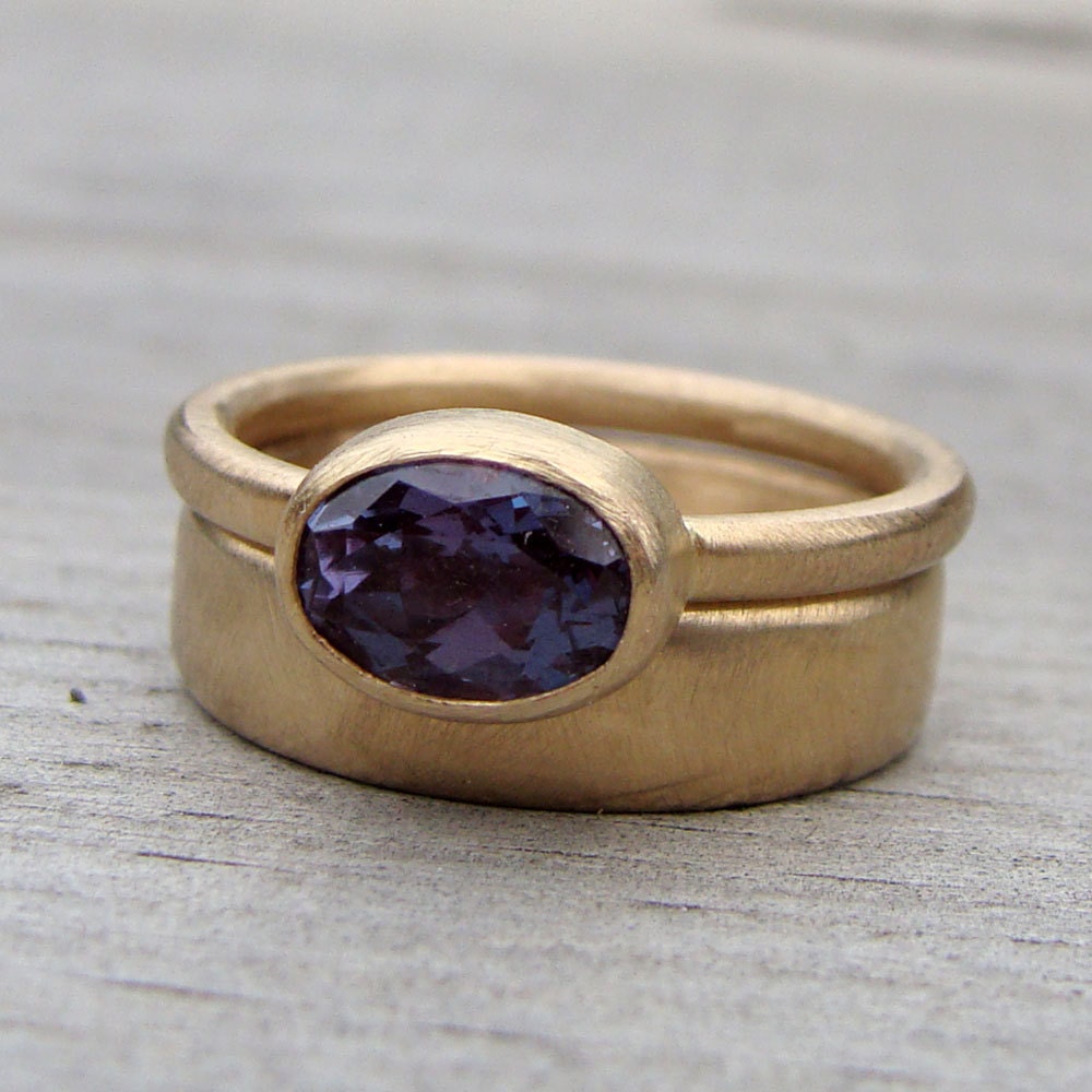 Wedding Band & Engagement Ring Set - Color-Change Alexandrite and Recycled 14k Gold Rings, Made to Order