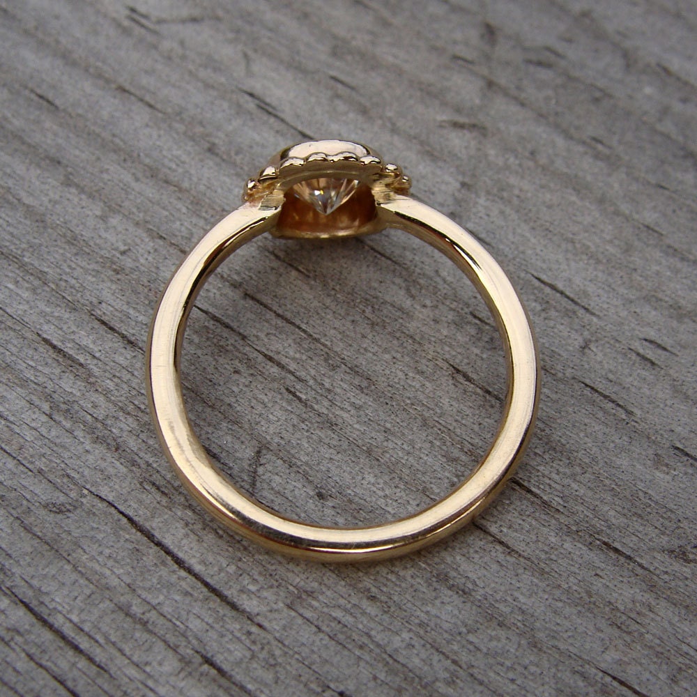 CLEARANCE - Moissanite and Recycled 14k Yellow Gold Halo Engagement or Wedding Ring, size 6.75 - Diamond Alternative