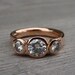 Moissanite and Recycled 14k Rose Gold Three-Stone Wedding or Engagement Ring, Made To Order