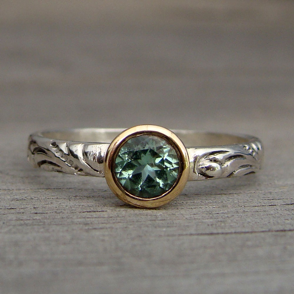 Afghan Tourmaline, Recycled 14k Gold, and Recycled Sterling Silver Wedding Ring, size 7.75