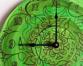 Green Maelstrom Mandala Record Clock - Tribal Inspired Geometric Design on Recycled Vinyl Record